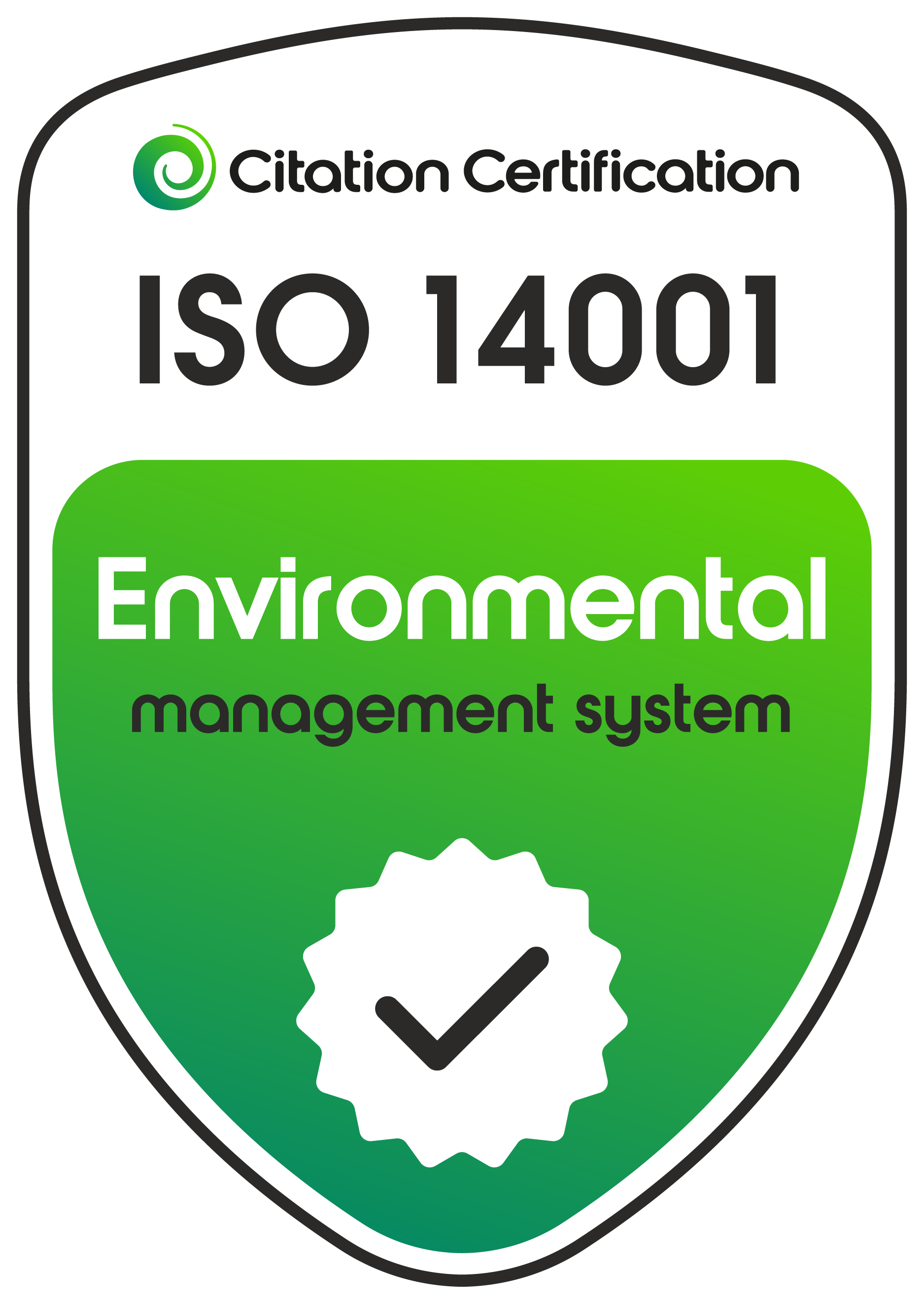 ISO 14001 certification badge, green and white, for environmental management system, with checkmark.