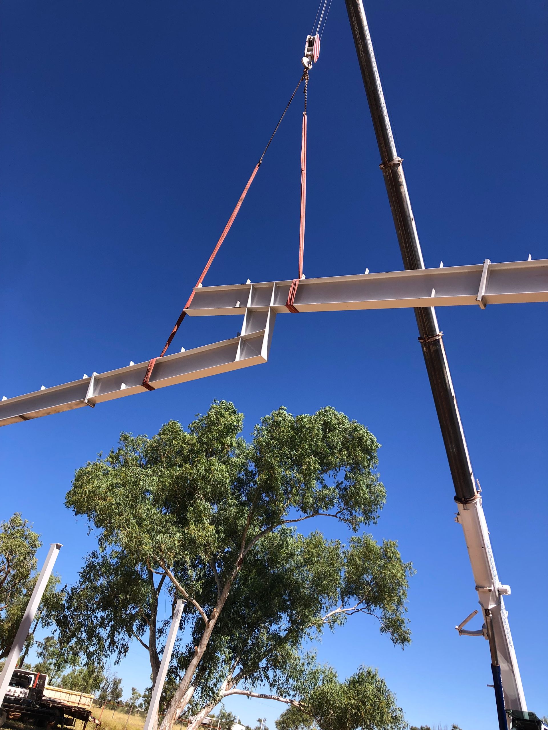 A crane is lifting a large piece of metal over a tree