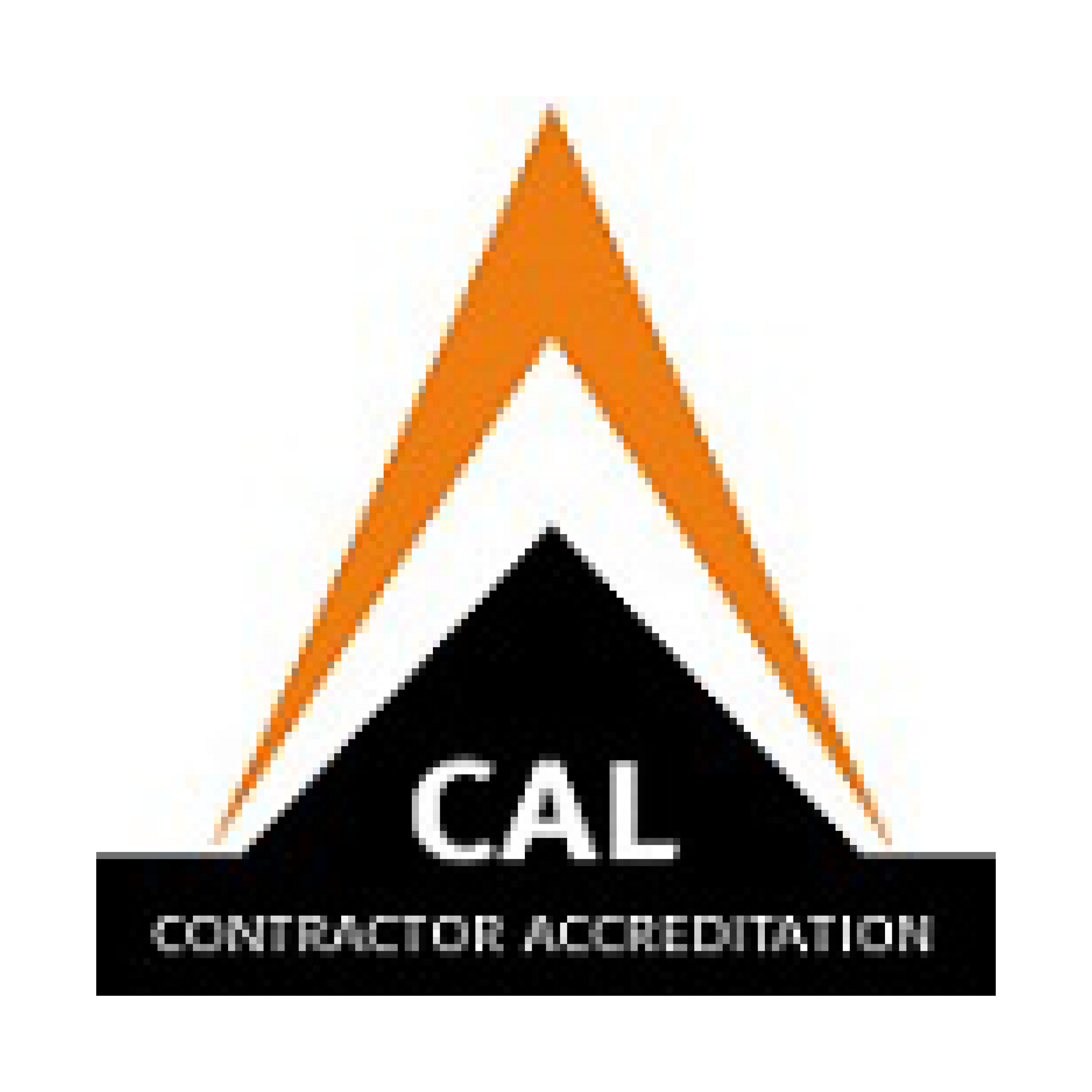 The cal contractor accreditation logo is a black and orange triangle.
