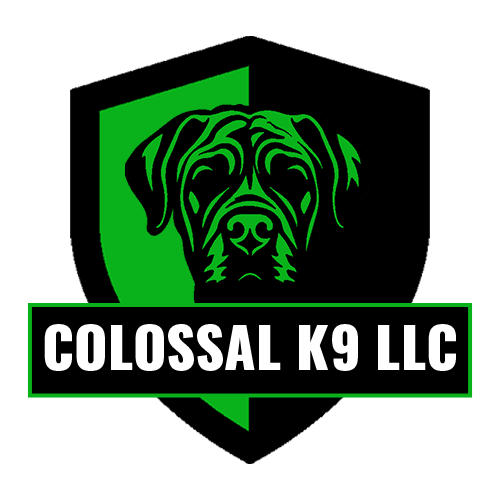 The logo for colossal k9 llc shows a dog on a green shield.