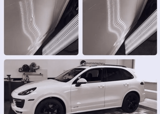 CD Dents Repair performing professional paintless dent repair, hail damage removal, paint chip touch-up, and door edge protection services in Midland, Saginaw, and Sanford, MI—showing technicians, repair tools, and before-and-after results