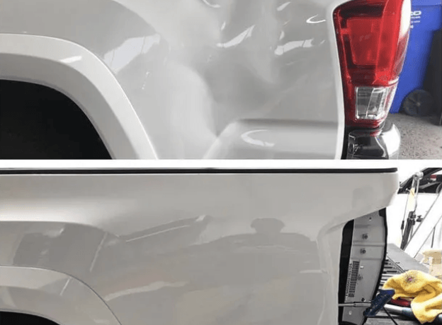 CD Dents Repair performing professional paintless dent repair, hail damage removal, paint chip touch-up, and door edge protection services in Midland, Saginaw, and Sanford, MI—showing technicians, repair tools, and before-and-after results