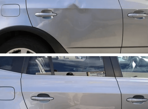 Close-up of a car’s door handle and panel, highlighting a repair site or potential ding