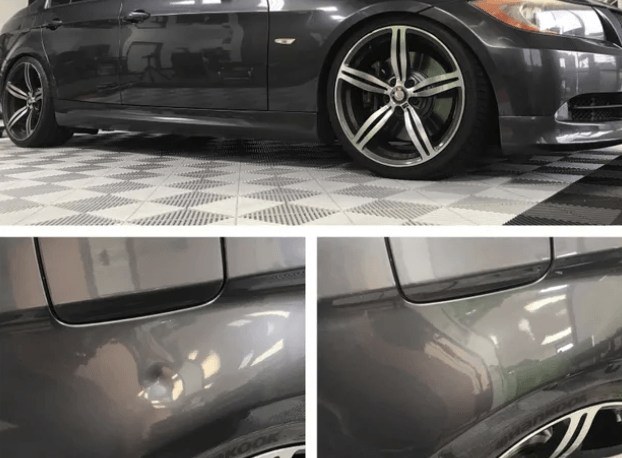 Illustration of a vehicle with repair tools, symbolizing dent and hail removal services