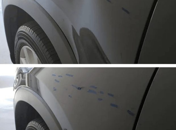 Close-up of a car’s door handle and panel, highlighting a repair site or potential ding