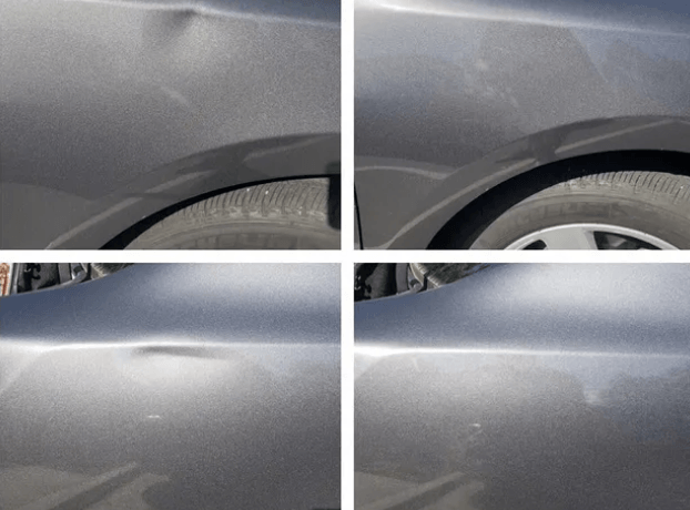 Close-up of a car’s door handle and panel, highlighting a repair site or potential ding