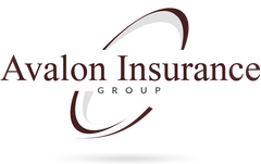 Avalon Insurance Group logo: Text over a stylized airplane with brown curved lines.