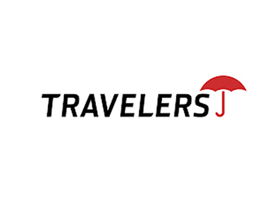 Travelers logo: Black text with a red umbrella icon.
