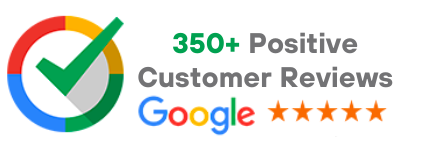 a google logo with a check mark and 350+ positive customer reviews .