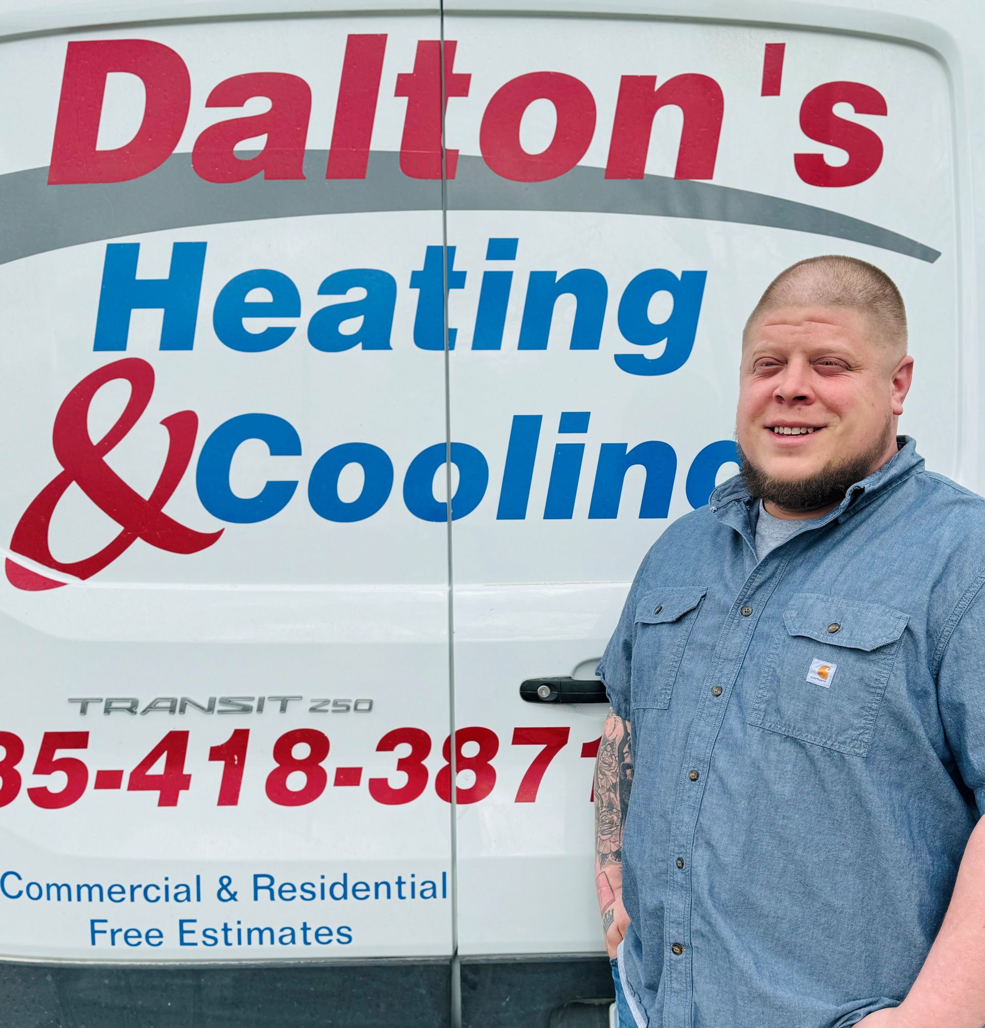 Dalton LaMay standing in front of a Dalton's heating and cooling van