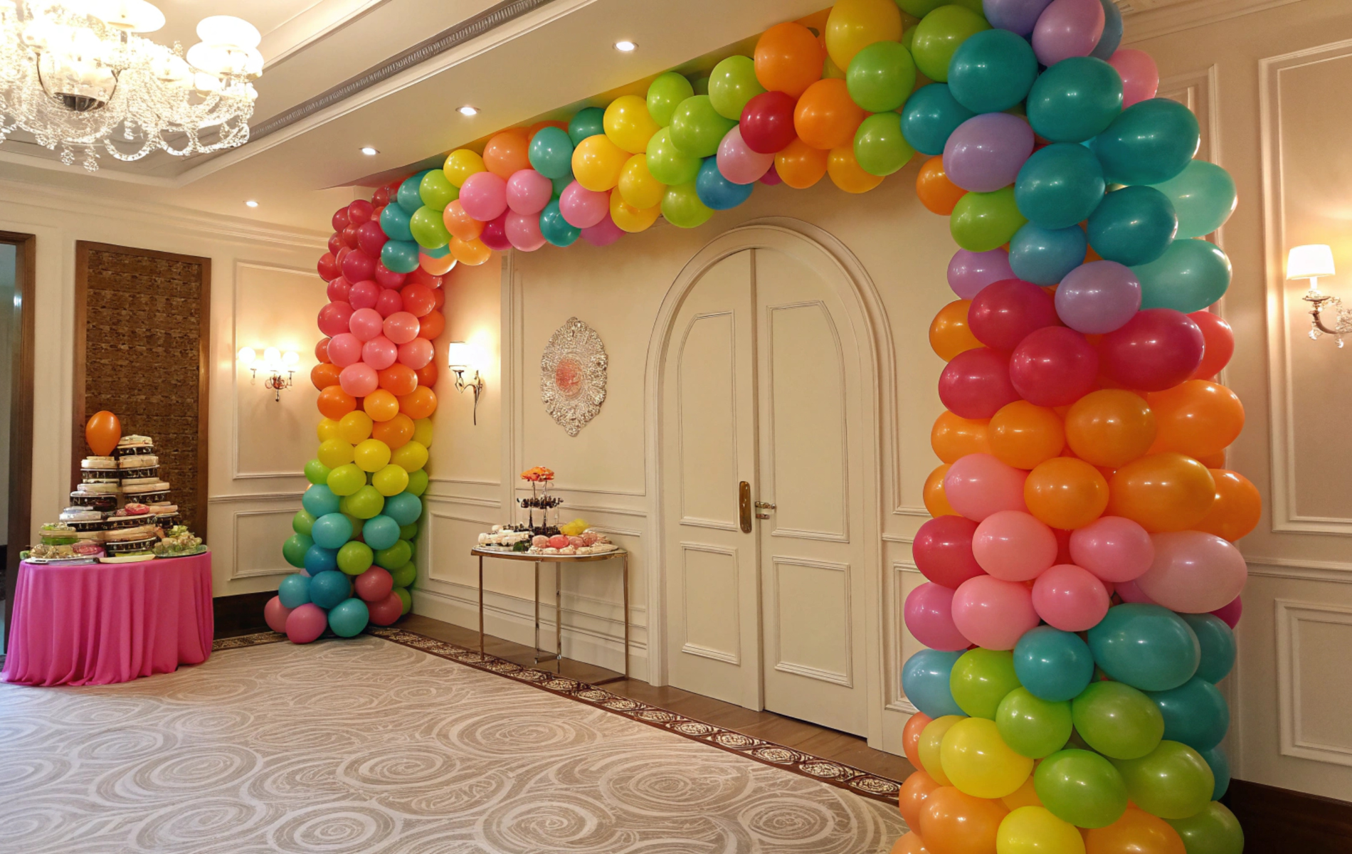 Colorful balloon arch over doorway at event. Columns of balloons on either side in rainbow colors.