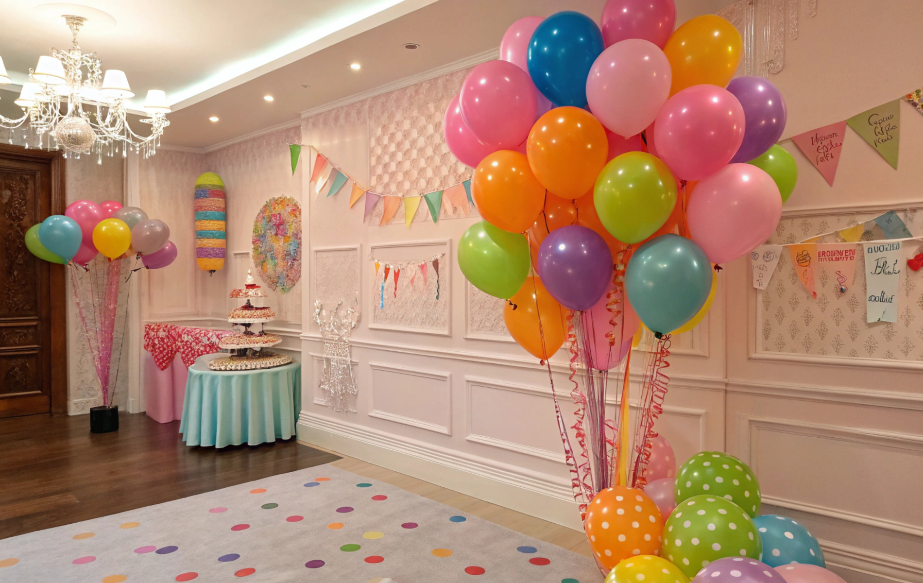 Party room with colorful balloons, cake, and decorations.