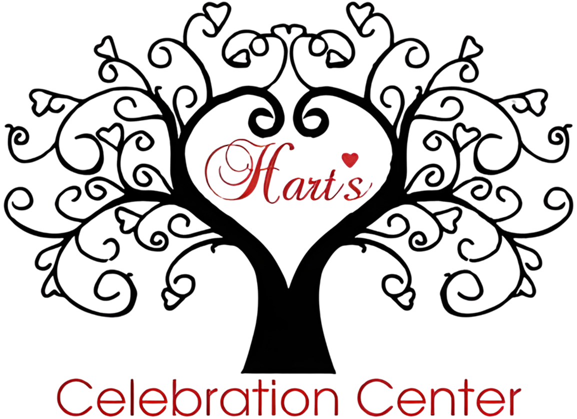 Hart's Celebration Center logo: Black tree with heart-shaped center holding the name 