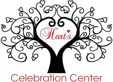 Hart's Celebration Center logo: Black tree with heart-shaped center holding the name