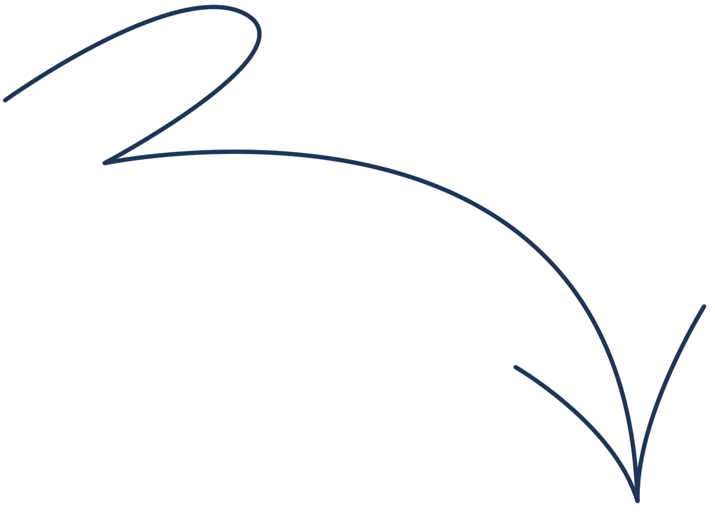 Curved, downward pointing arrow in dark blue.