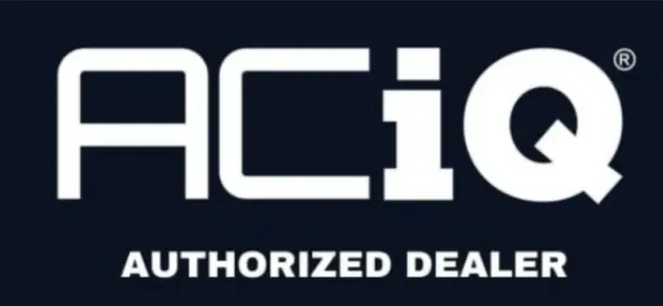 ACiQ Authorized Dealer logo in white on a dark blue background. The
