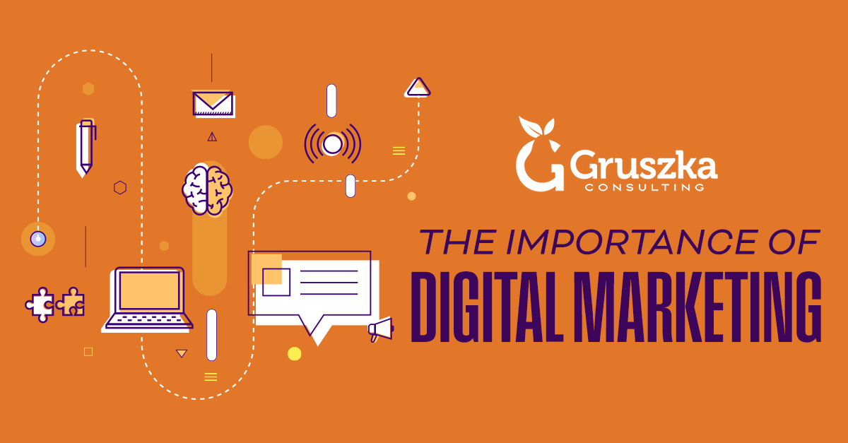Orange graphic promoting digital marketing, featuring tech icons, a laptop, and the Gruszka Consulting logo.