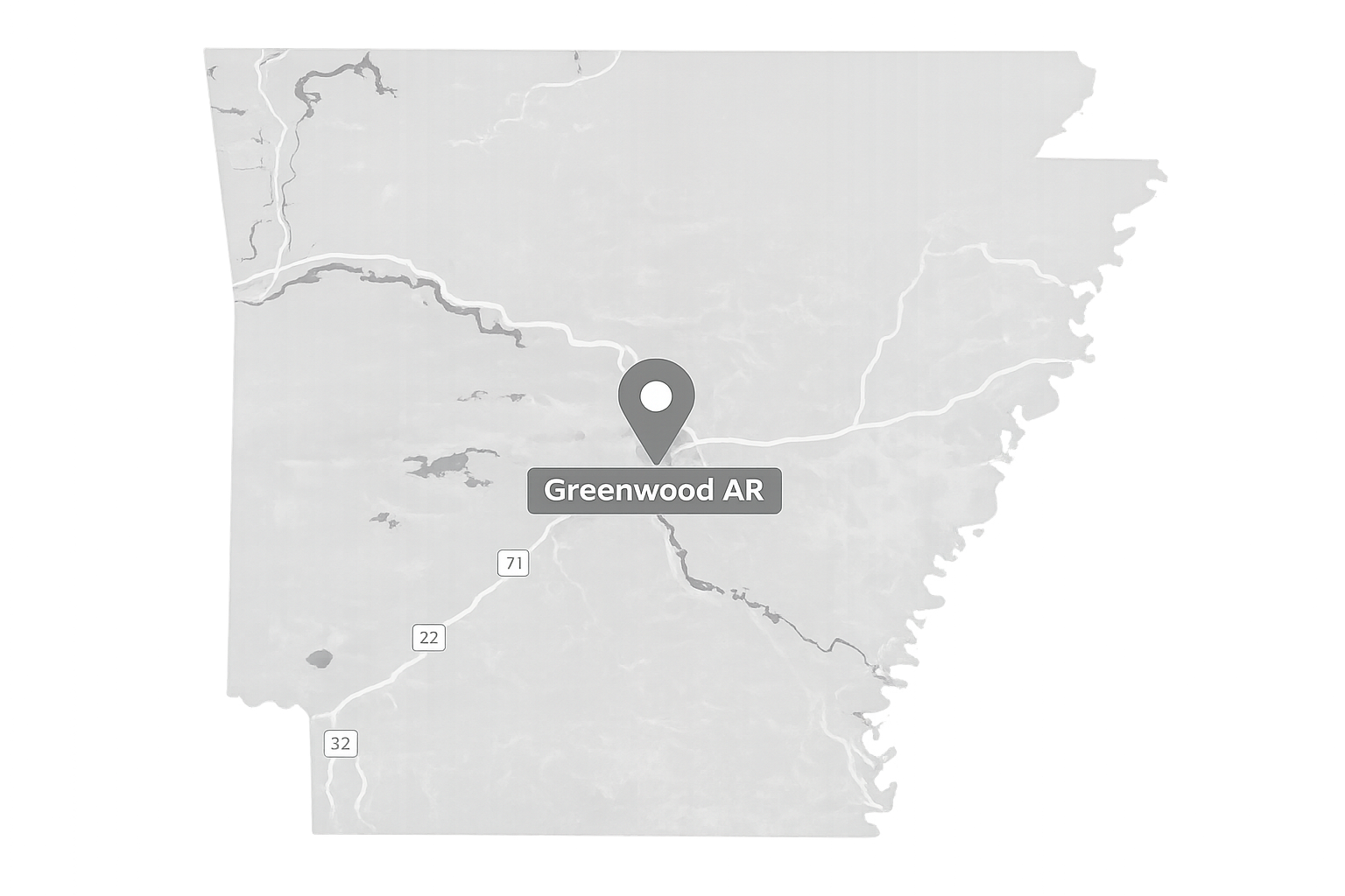 A gray map of Arkansas with a location pin marker over the city of Greenwood.