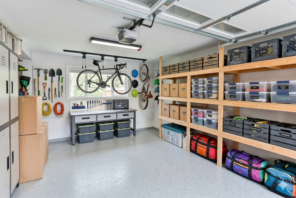 A well-organized garage with wooden shelving, plastic storage bins, hanging tools, and bicycles on wall-mounted racks.