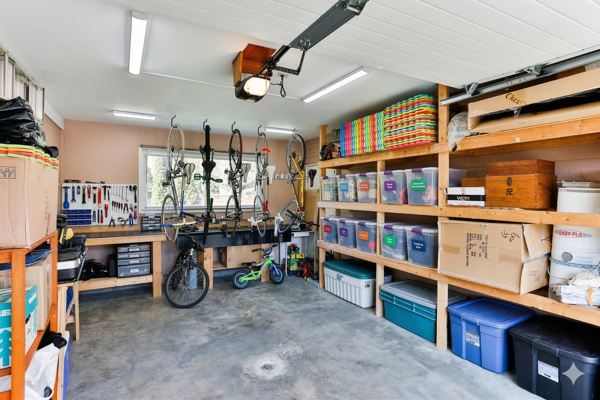 Garage with workbench, hanging bicycles, and organized storage shelves filled with labeled plastic containers and boxes.