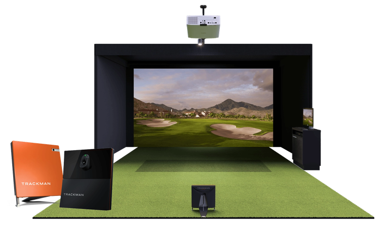TrackMan golf technology showing indoor simulator practice bay