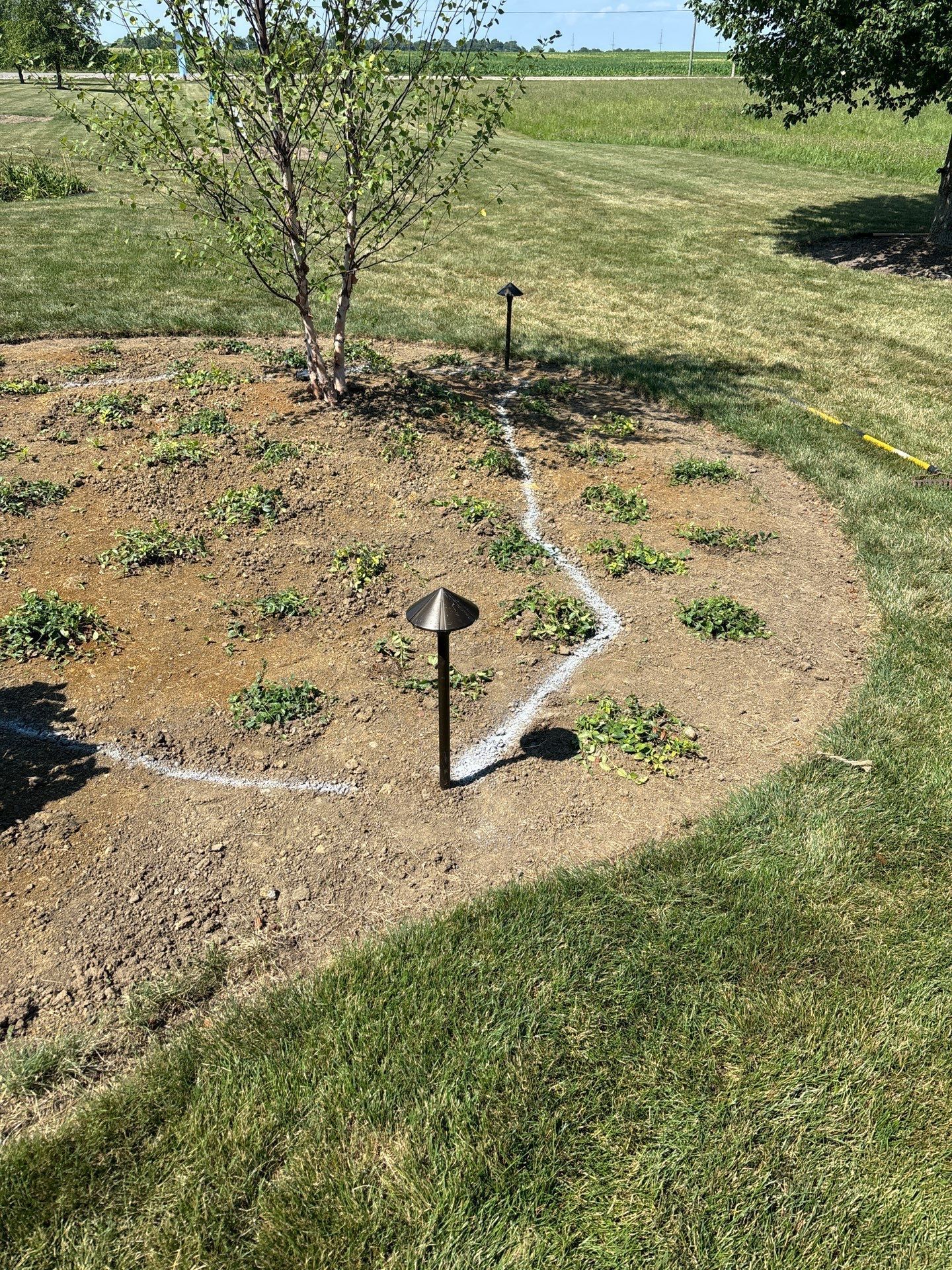 A path light is sitting in the middle of a lush green field.