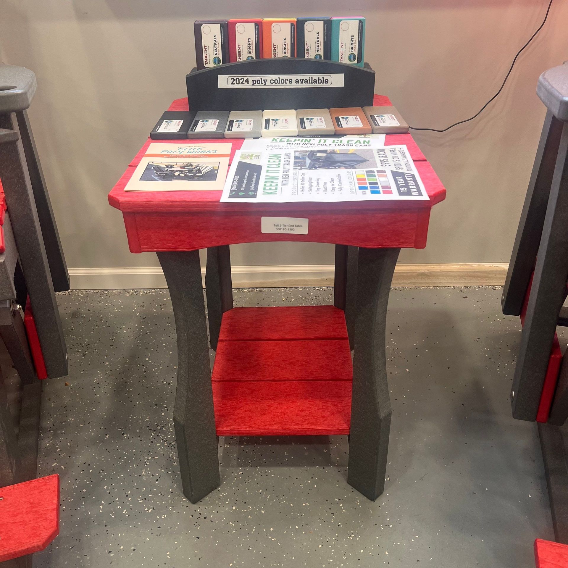 A red table with a sign on it that says ' a ' on it