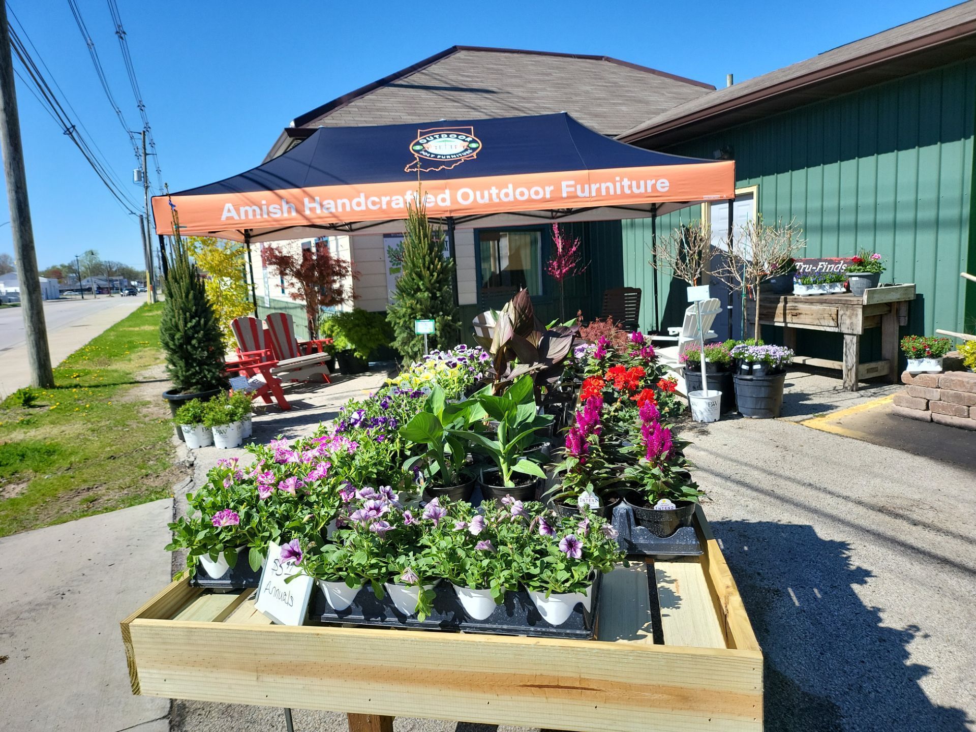 A bunch of potted plants are sitting on a table in front of a building.