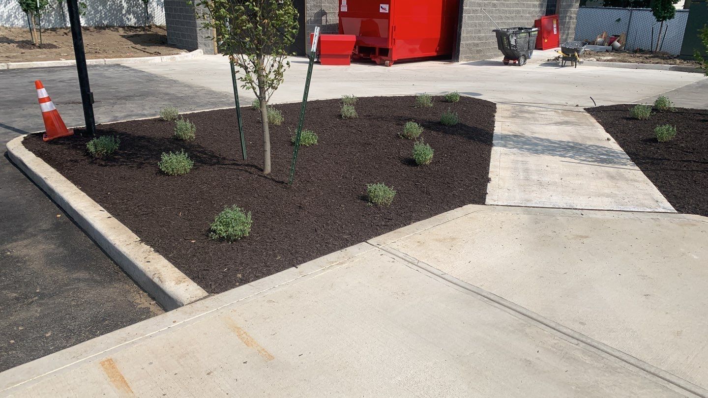 A concrete sidewalk with a planter in the middle of it.