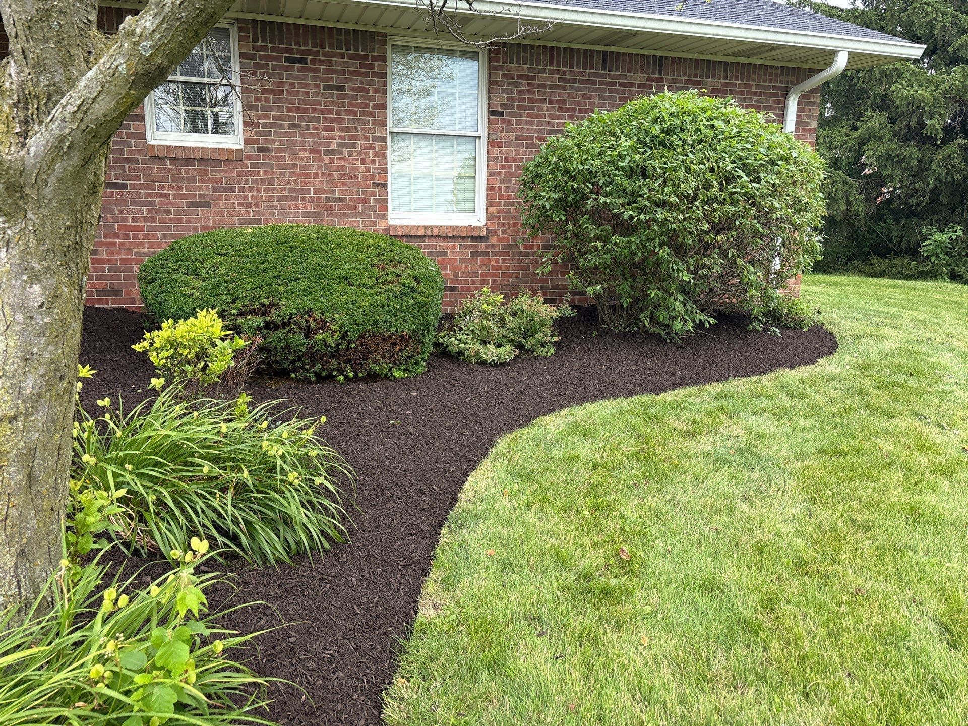 A brick house with a lush green lawn in front of it.