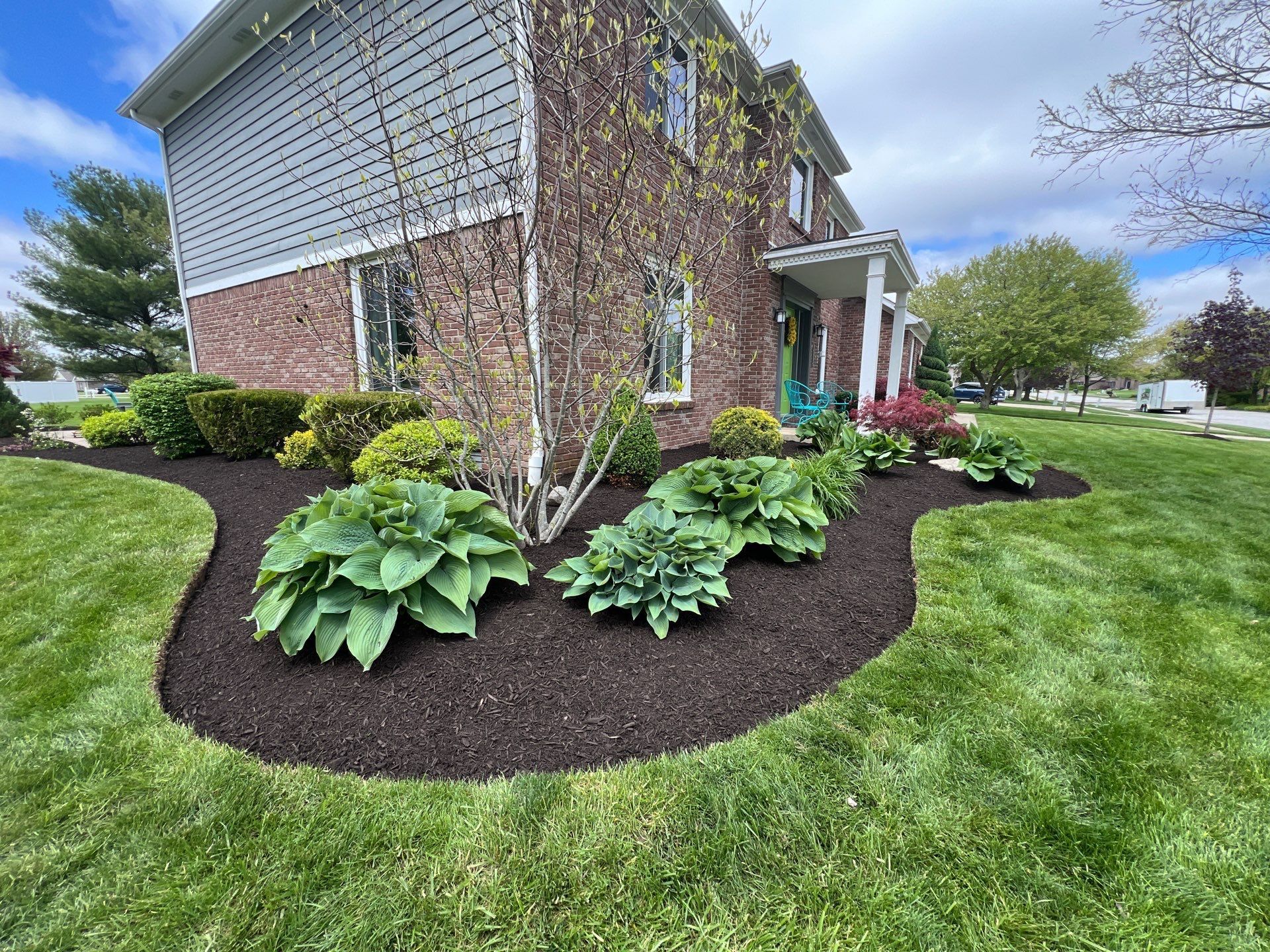 A house with a lot of plants in front of it.