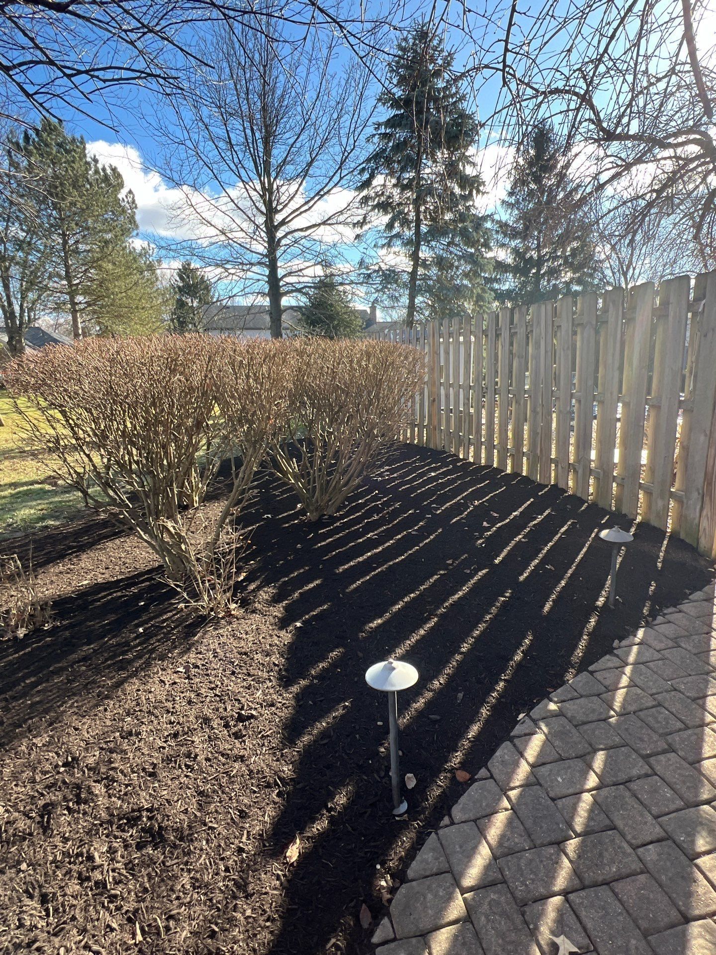 A wooden fence surrounds a brick patio in a backyard.