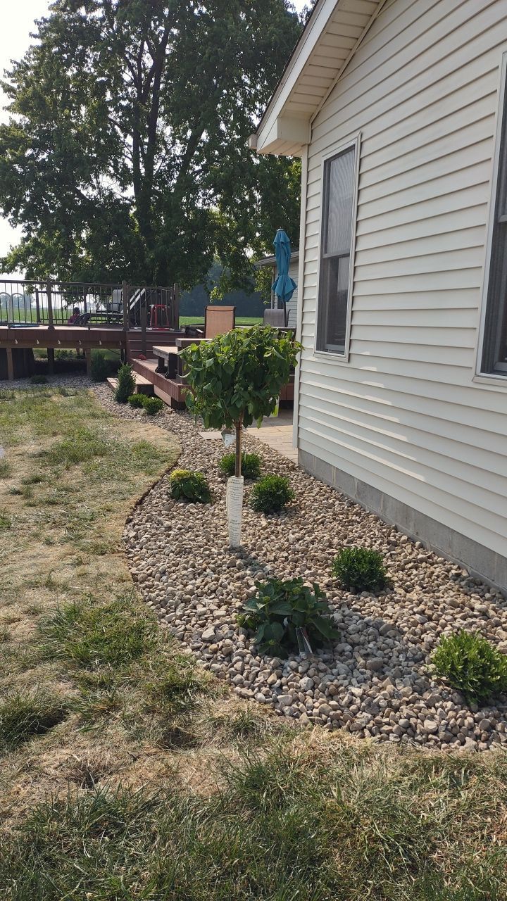 A house with a lot of rocks and plants in front of it.