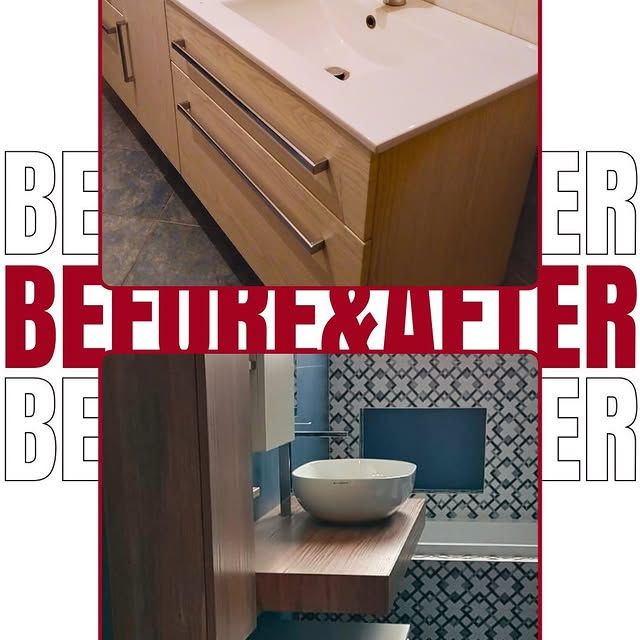Prima e dopo di un bagno con zoom sul mobile lavabo in seguito al servizio di ristrutturazioni chiavi in mano a Torino