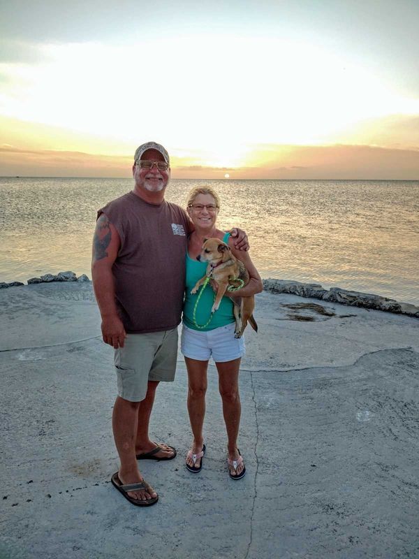 Couple with small dog pose for a photo at sunset by the sea. 