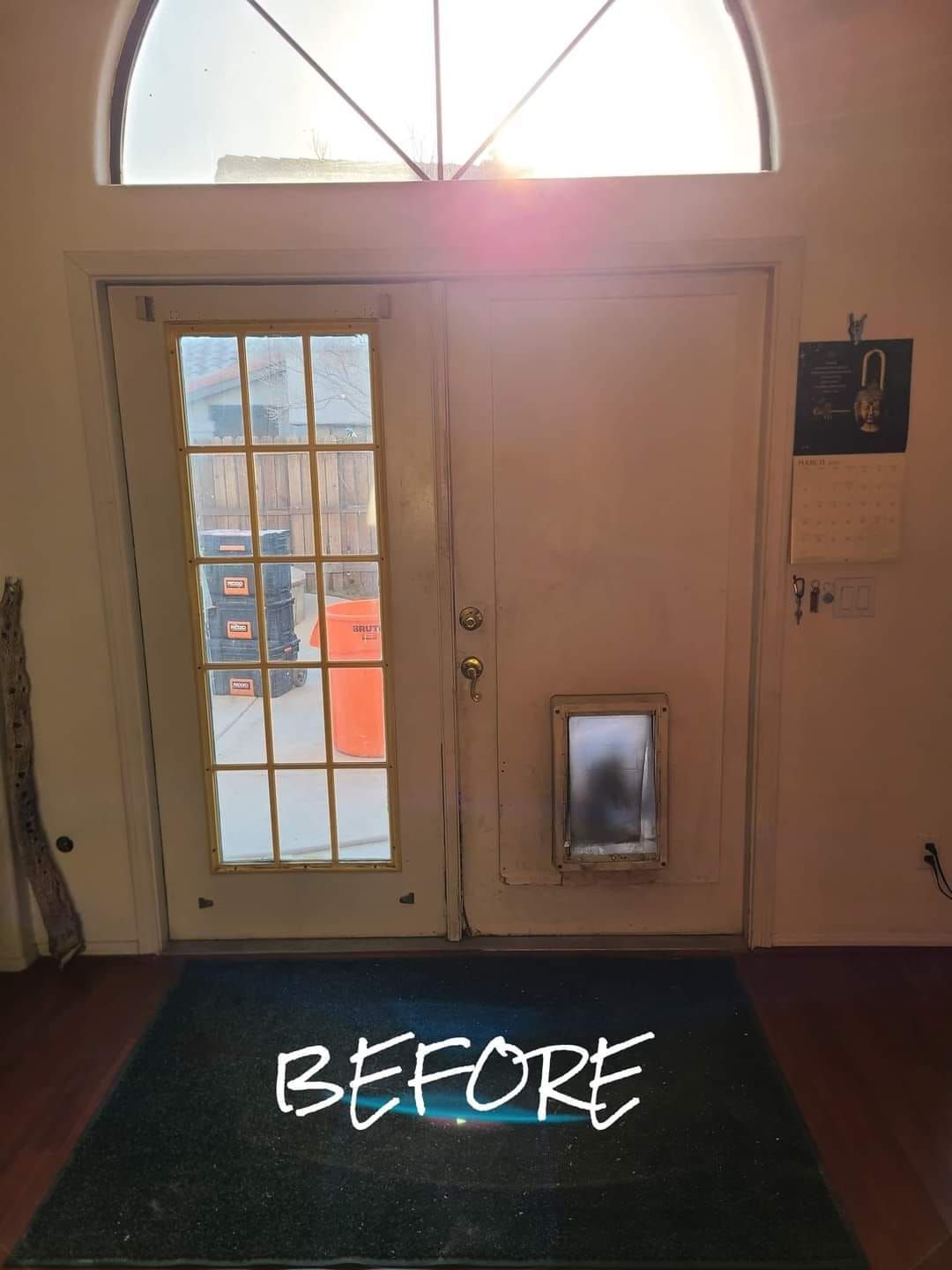 A before picture of a door with a dog door