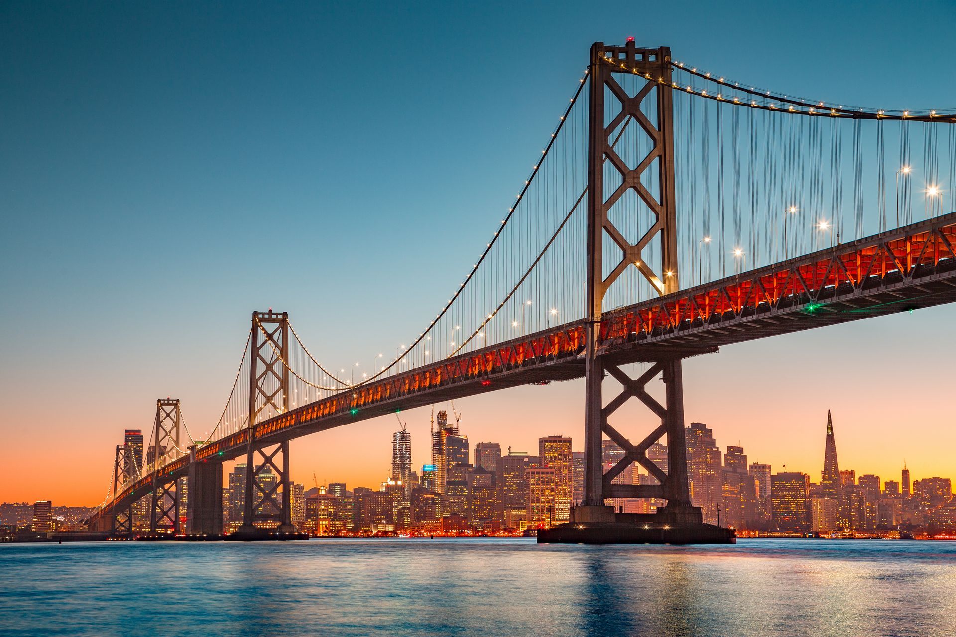 Bay Bridge at dusk with San Francisco skyline in the background.