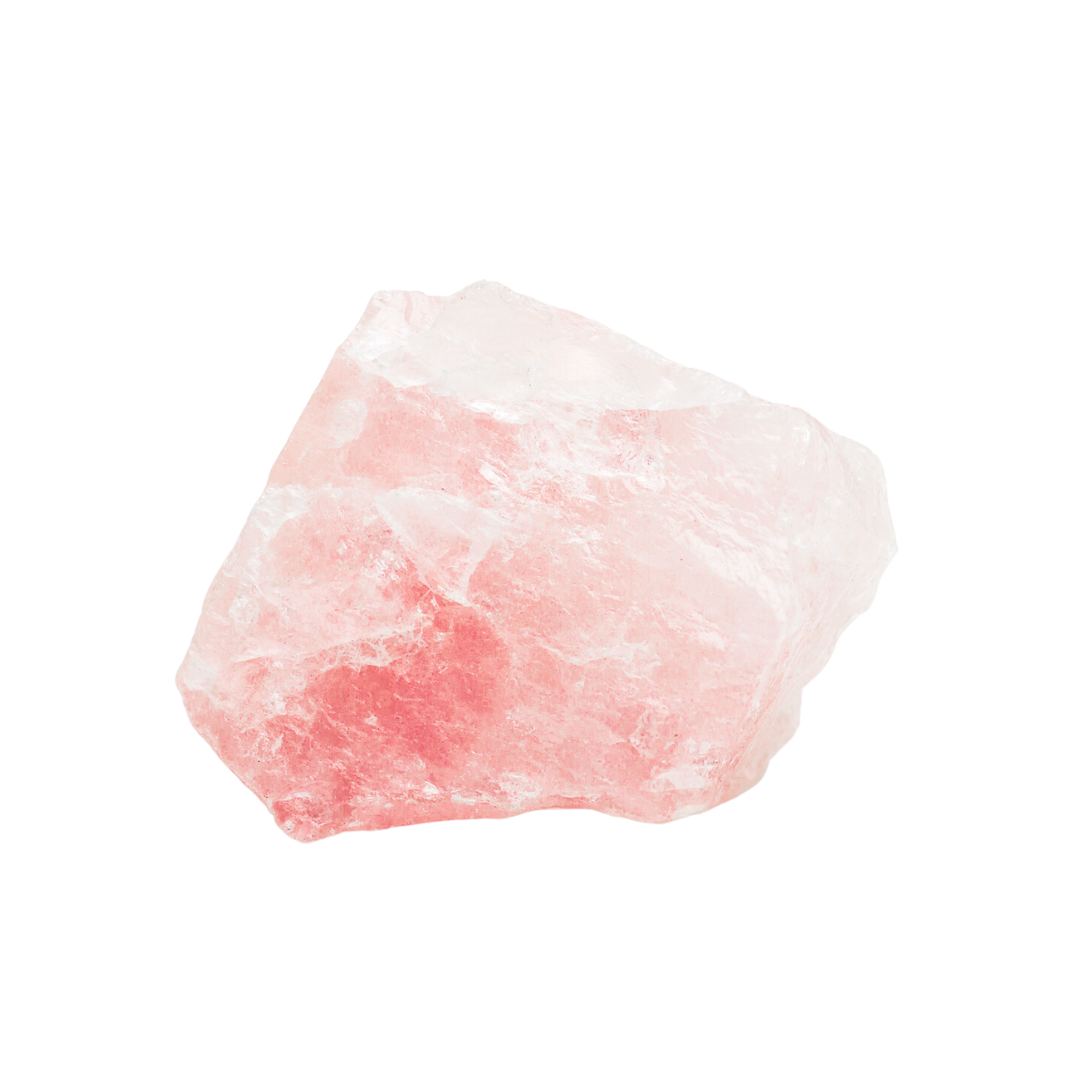 A piece of pink quartz on a white background.