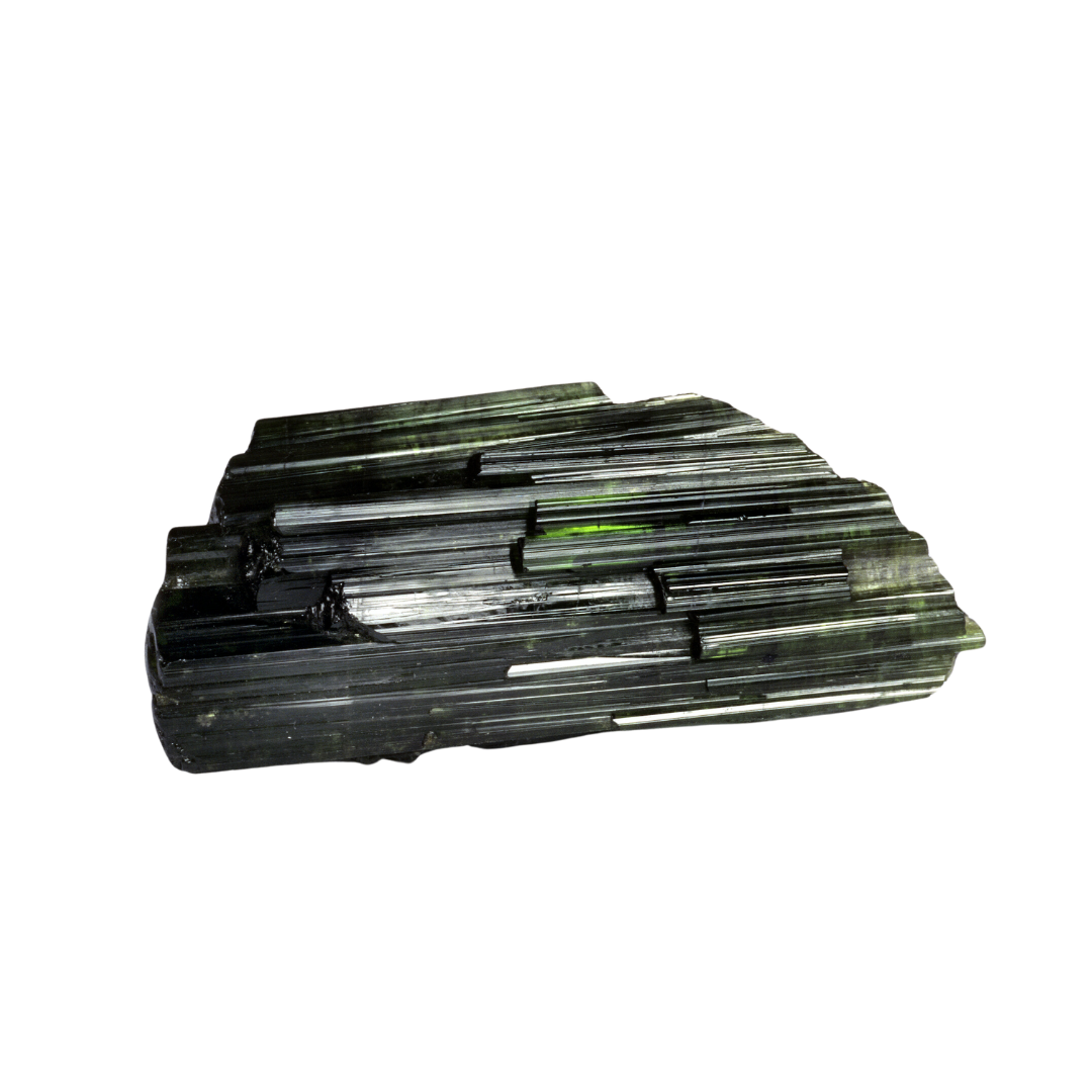 A piece of black tourmaline on a white background.