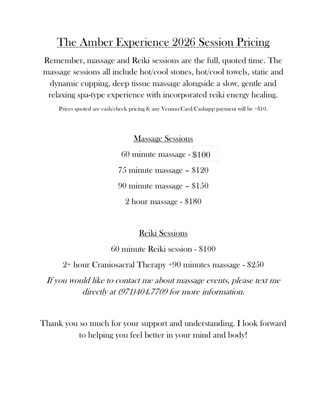 Pricing list for massage and bodywork sessions: 60-120 minute massages, plus bodywork sessions.