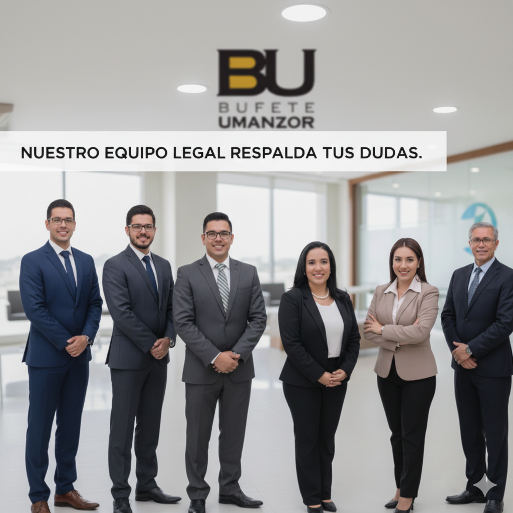 Equipo de abogados en traje, sonrientes, con el logo y el texto