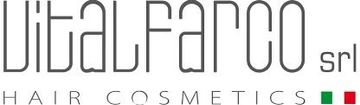 Logo di VitaleFaro srl, azienda di cosmetici per capelli, in grigio e nero con piccoli colori della bandiera italiana.