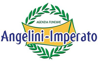 Logo per l'impresa funebre Angelini-Imperato, caratterizzato da un disegno blu e giallo con una corona verde.