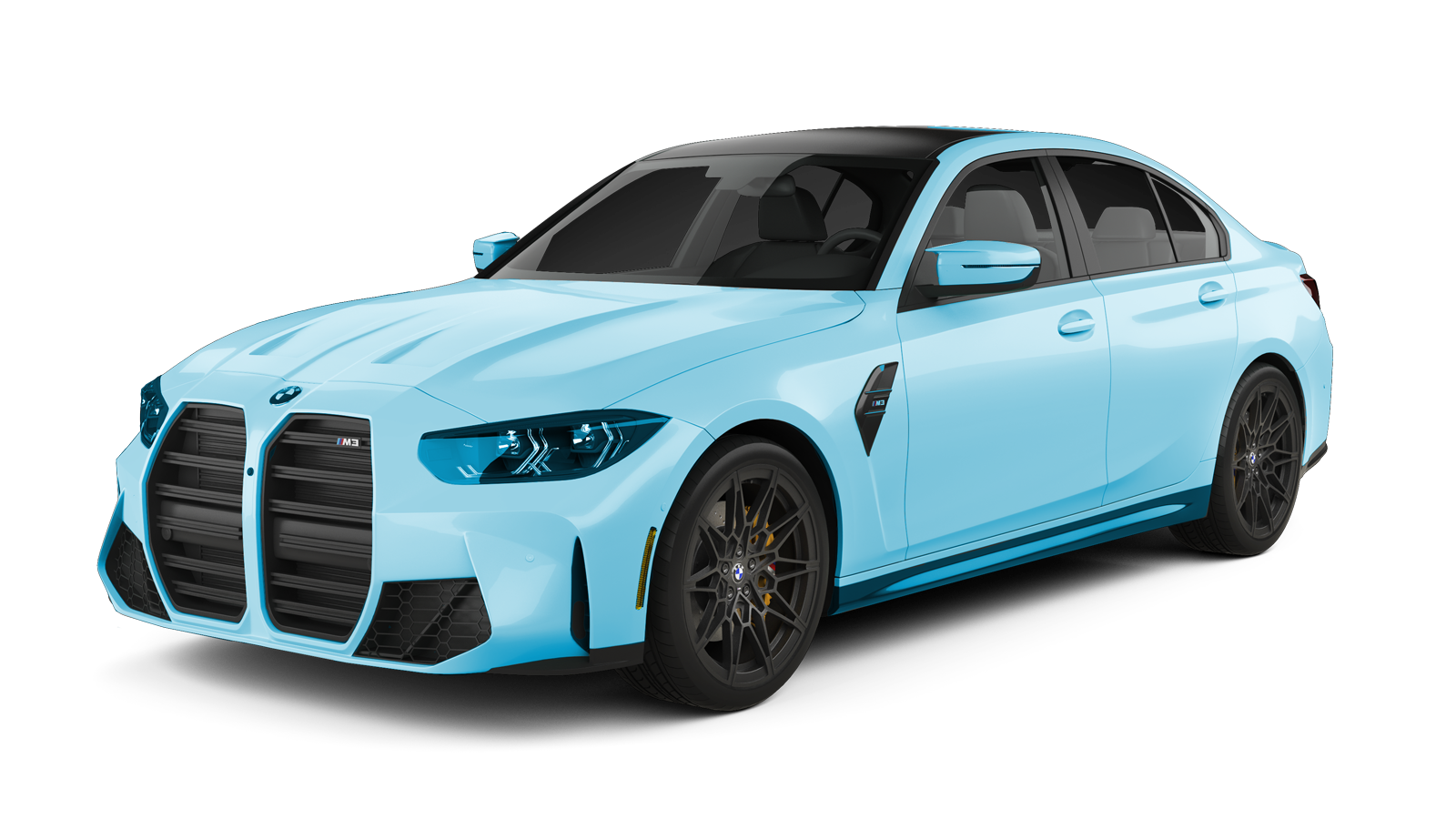 Green BMW M8 Gran Coupe. Black grille, wheels, roof. Front view.