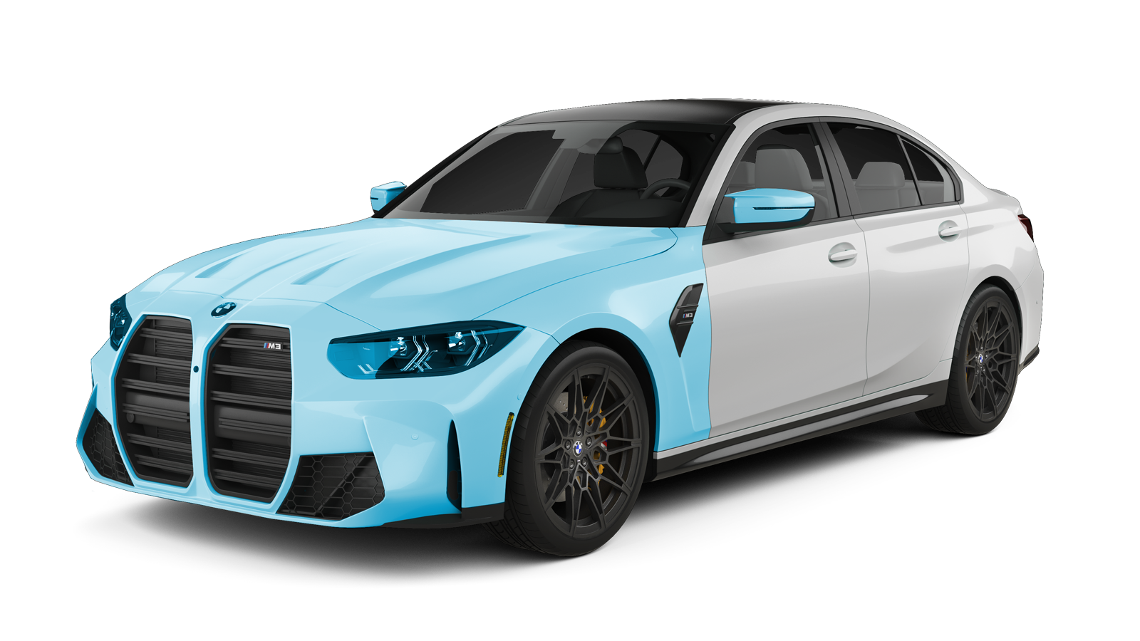 A BMW M8 with a split color scheme: teal front, white back. Dark wheels, black grille.