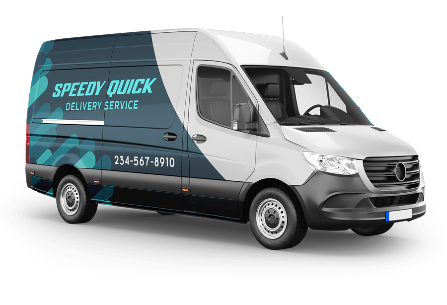 White delivery van with teal and blue graphics; 