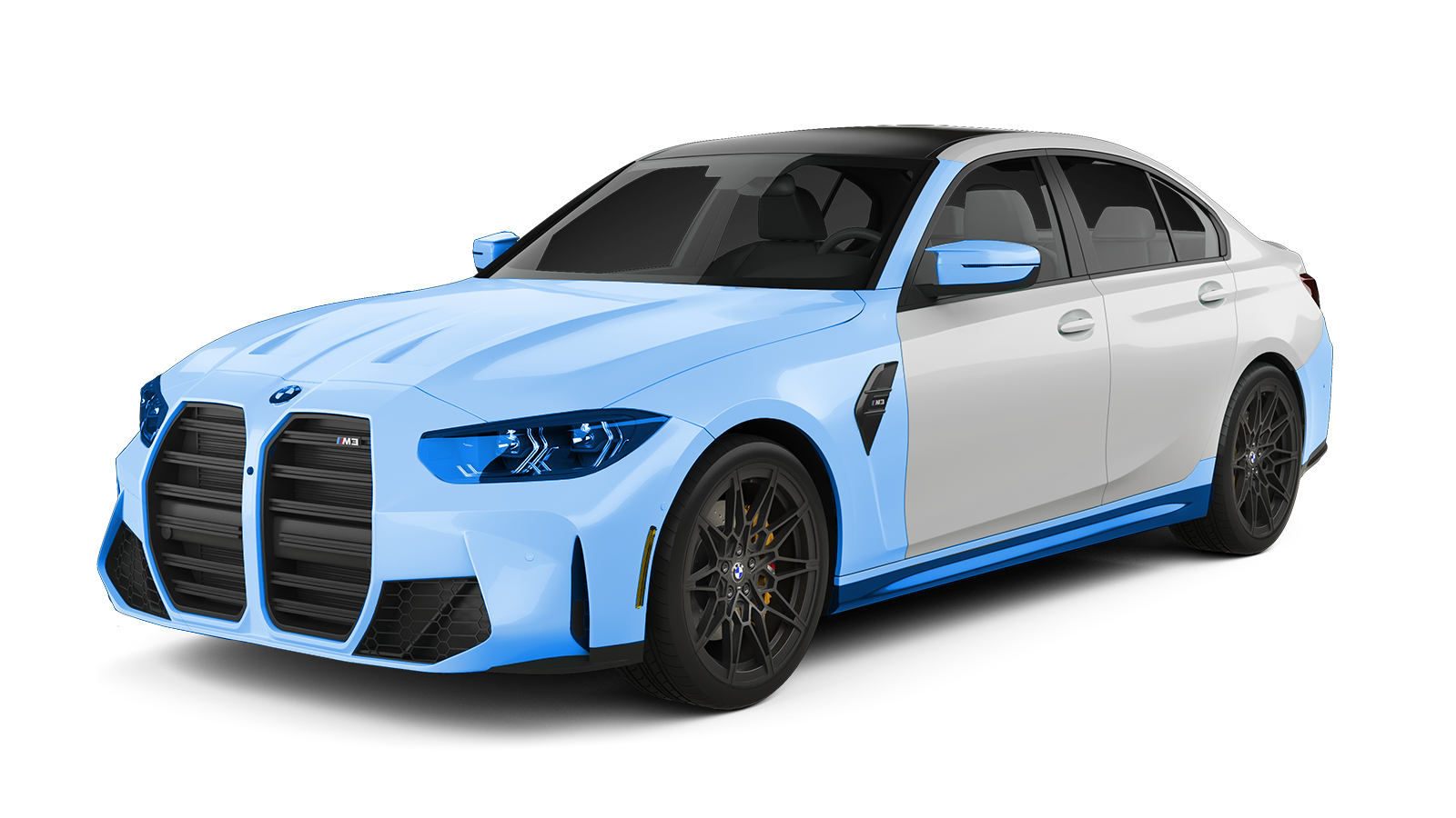 Blue and white BMW sedan with black accents, parked on a white background.