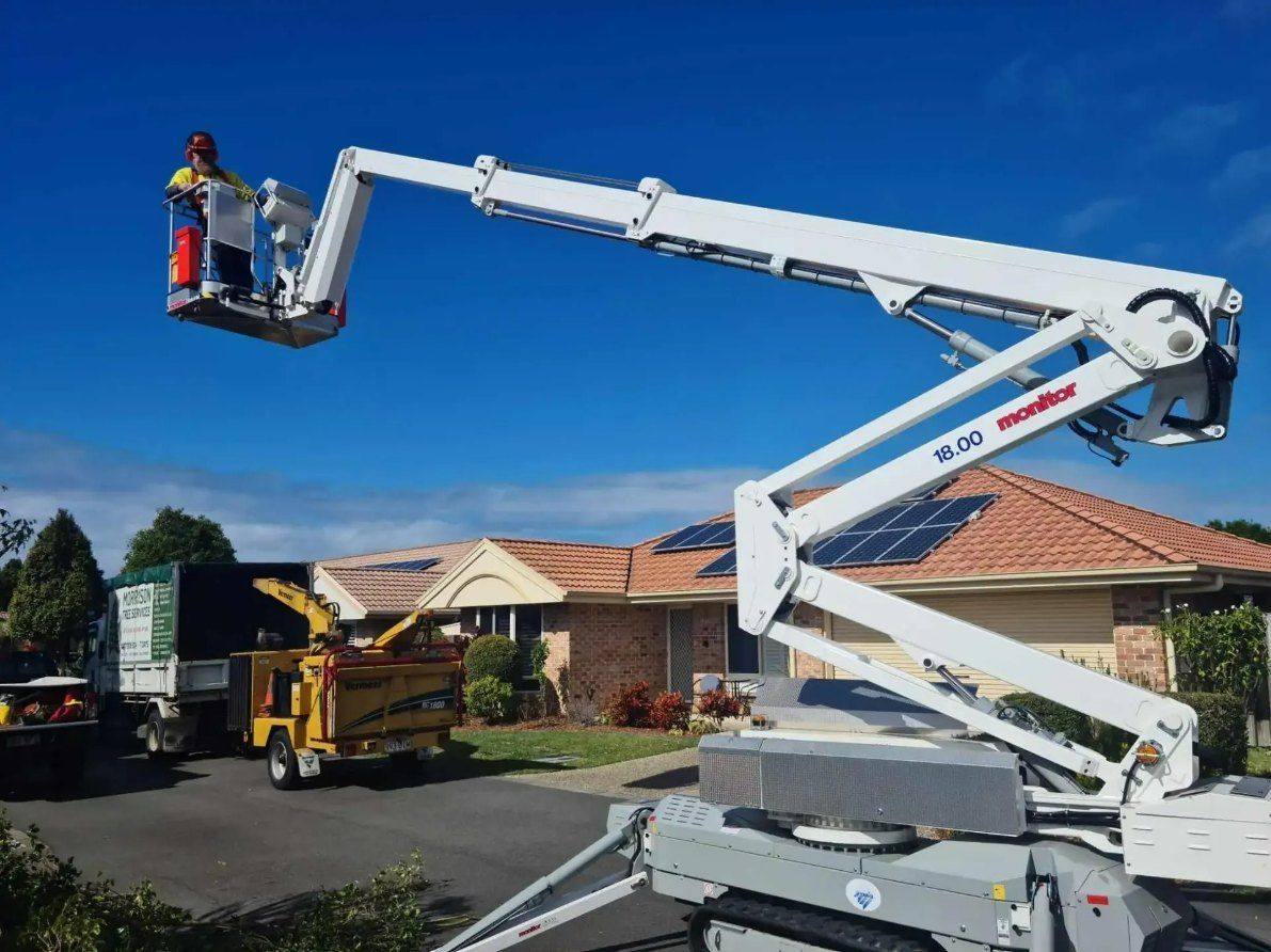 A Man is Sitting in a Bucket on a Crane in Front of a House — Morrison Tree Services in Maroochy River, QLD