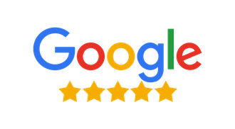 Google logo with five gold stars.