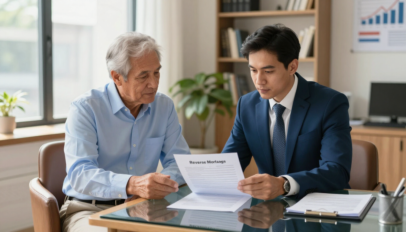 Two businesspeople reviewing a document at a desk in a bright office